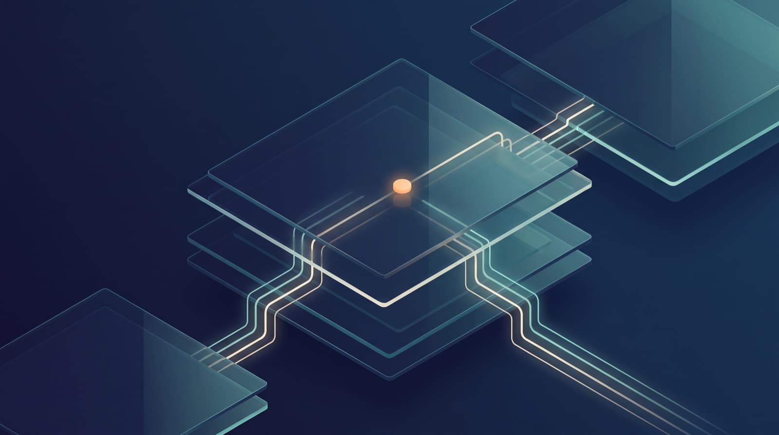 Isometric illustration of layered digital infrastructure planes connected by glowing lines in navy and teal tones