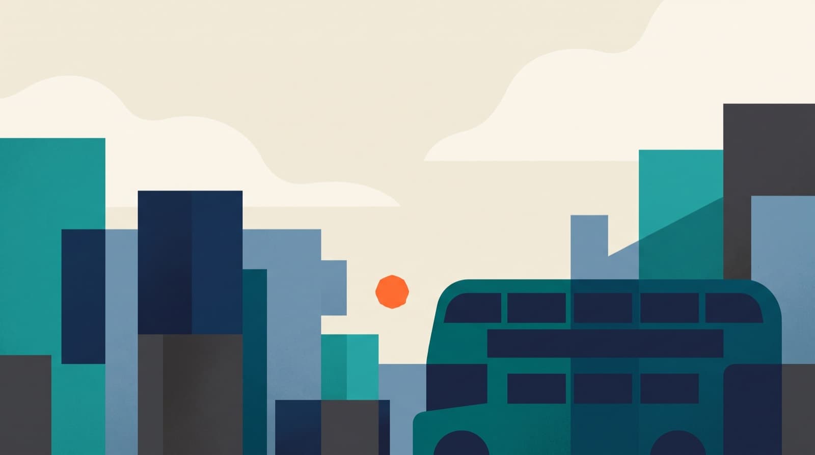 Flat geometric illustration of a London street with a double-decker bus in teal and navy tones under a cream sky