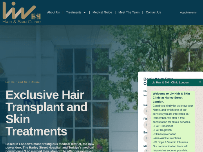 Homepage of the Liv Hair & Skin Clinic website