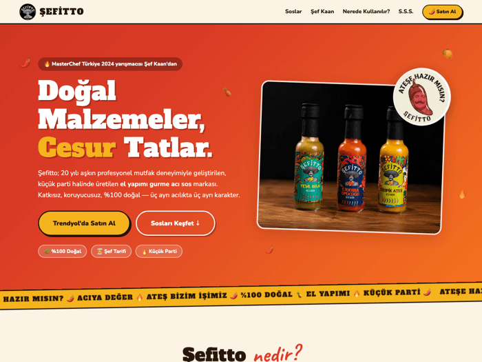 Homepage of the Şefitto hot sauce brand website built by MEDITR