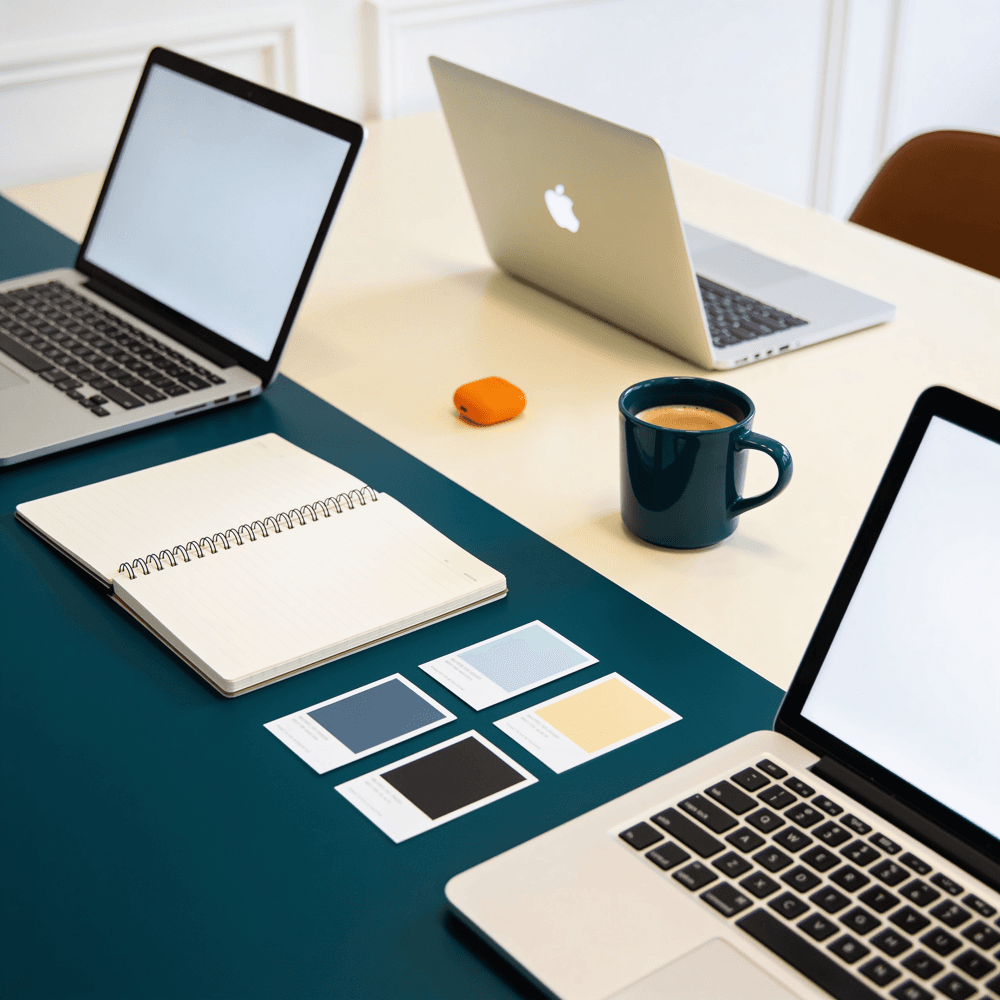 A MEDITR workspace — laptops, notes, and design swatches on a teal and cream desk